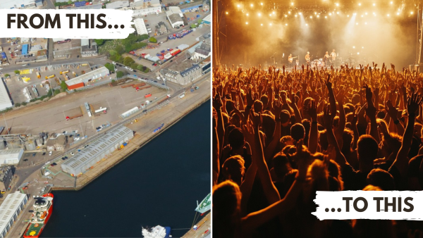 Image illustrating Peterson Seabase changing from a dockside freight yard to a 7,000 capacity concert venue